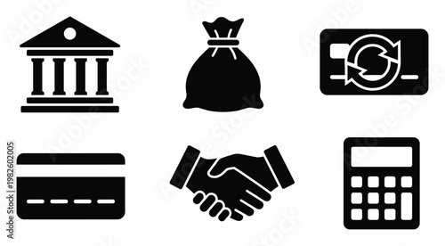 Modern financial business icons representing banking, transactions, agreements, and calculations, perfect for use in economic presentations and digital service applications.