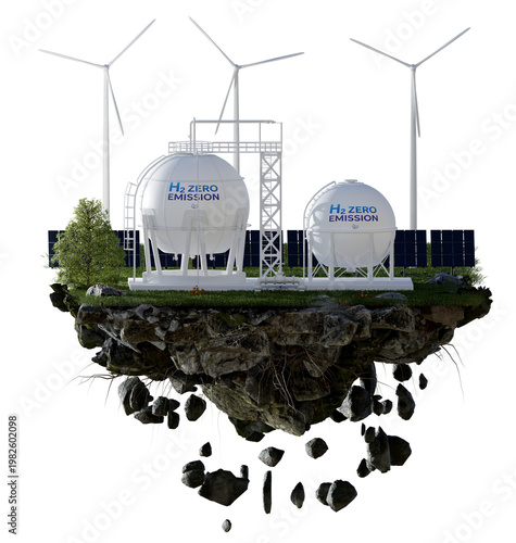 hydrogen renewable energy concept on Floating Archipelago, PNG transparent, 3d illustration rendering 