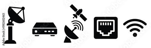 Comprehensive set of communication and connectivity icons representing modern network infrastructure and wireless technology for digital media, presentations, and technologyfocused projects