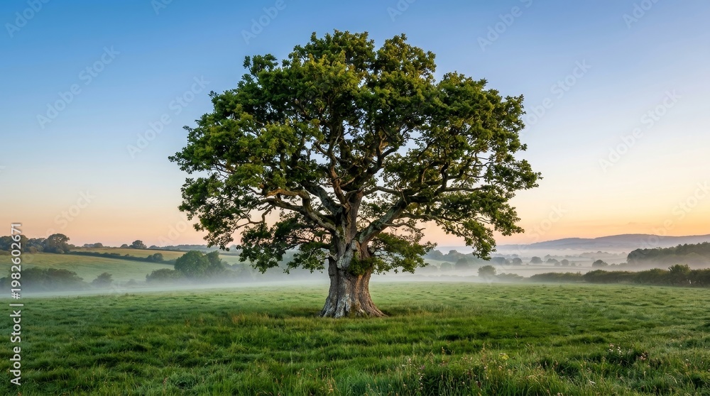 Fototapeta premium Solitary oak tree in green field with morning mist landscape nature scenic outdoor environment