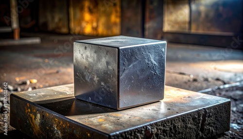 A dense, unpolished tungsten metal cube resting firmly on a heavy-duty industrial platform, showcasing its metallic density and raw form.