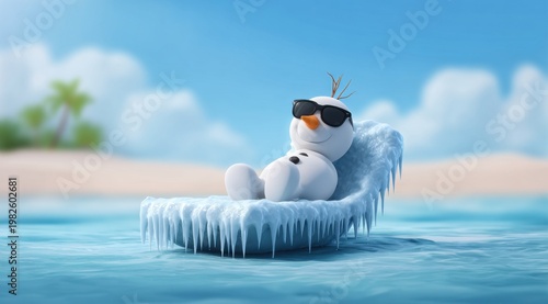 Chill snowman lounging on icy float in tropical beach paradise scene