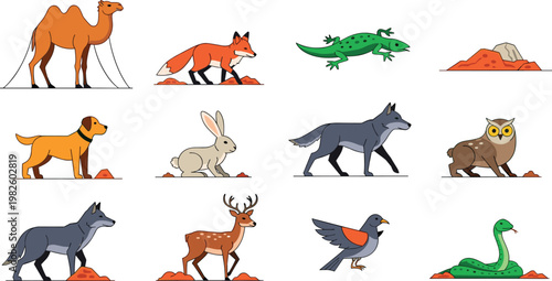 Canvas Print Wild Animals Vector Set Featuring Camel Fox Crocodile Wolf Deer Owl Bird and Des