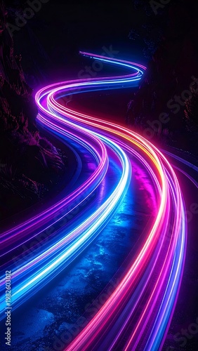 A dark road with colorful neon light trails
