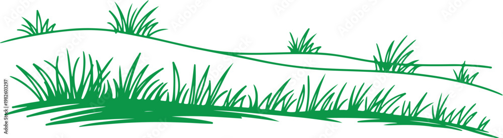 Fototapeta premium A simple green line drawing depicting tufts of grass and rolling meadow hills, isolated on a solid white background.