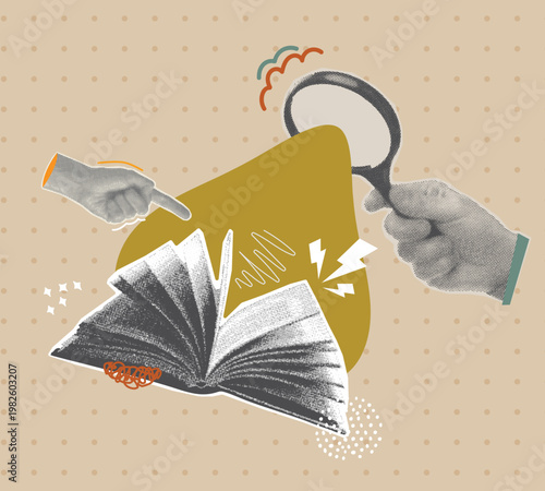 open book art collage with magnifying glass