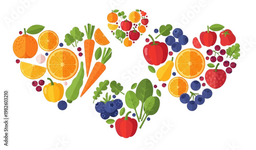 Vector Set of Heart-Shaped Fresh Fruits and Vegetables Including Apples, Carrots, Oranges, and Berries for Healthy Eating and Organic Food Designs