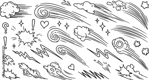 Set of Hand Drawn Comic Action Effects with Wind Gusts and Speed Lines