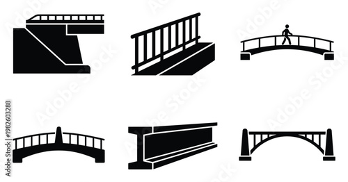 Collection of diverse bridge icons and structural elements for architectural projects, infrastructure planning, engineering diagrams, and educational presentations