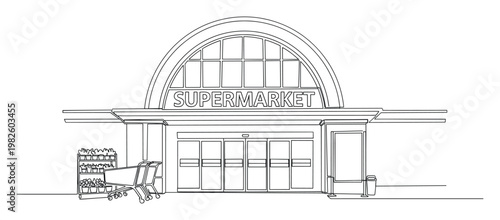 Supermarket grocery store building entrance line art sketch drawing for retail commerce business shopping mall facade architectural exterior concepts
