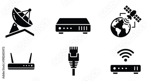 A collection of internet communication technology icons showcasing satellite dish, modem, global network, wifi router, and ethernet cable plug for digital connectivity and IT infrastructure