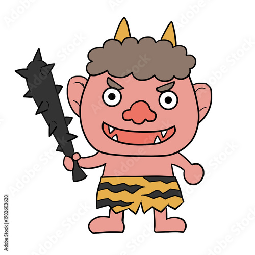 Cute cartoon oni demon with spiked club and tiger loincloth