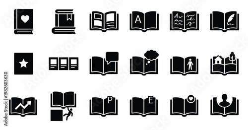 Comprehensive set of book and reading glyph icons representing knowledge, education, and literature, ideal for user interface design, learning platforms, and digital content creation