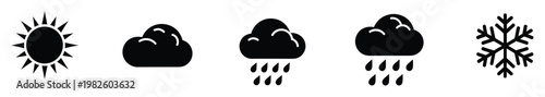 Versatile black weather icons set representing sun cloud rain and snowflake ideal for mobile applications web interfaces or forecasting reports