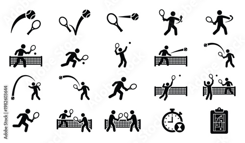 Comprehensive tennis sport activity icon collection illustrating various player movements game actions and tactical elements perfect for athletic club promotions or instructional content
