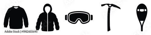 Essential cold weather equipment silhouettes featuring warm sweater, hooded jacket, protective goggles, ice axe, and snowshoe, ideal for winter sports and mountaineering activity promotion.