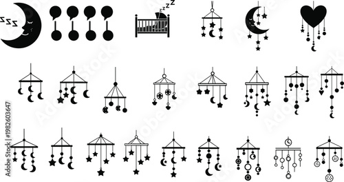 Baby nursery mobiles icons with crescent moon stars crib sleep heart decorations silhouette design for infant room night comfort illustration