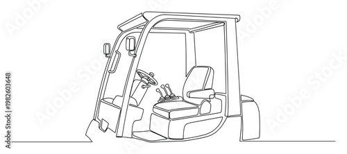 Continuous line drawing of an industrial vehicle operator cabin showcasing the interior drivers seat, steering wheel, and control levers for construction and machinery design projects