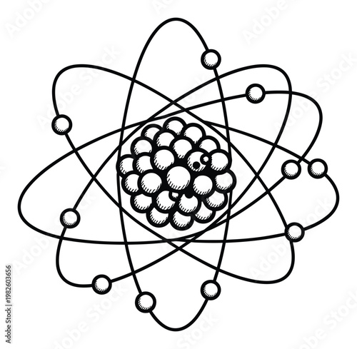 Physics and chemistry diagram illustrating atomic structure with a nucleus and electrons in orbits, ideal for scientific education and textbooks