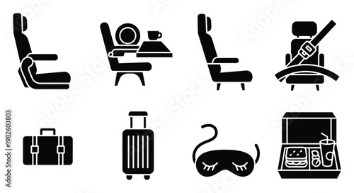 Comprehensive air travel and passenger journey black glyph icons for transportation services, booking platforms, tourism applications, and aviation infographics