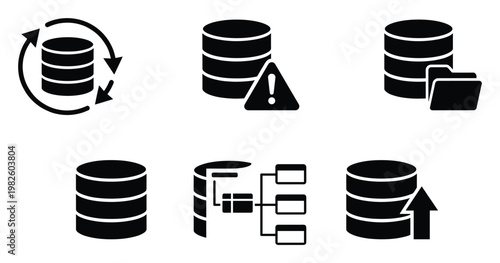 Collection of database management icons depicting data synchronization, error alerts, storage solutions, structural organization, and upload processes for various IT infrastructure