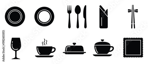 Set of diverse dining items and kitchenware icons, perfect for restaurant menu design, food service branding, and culinary themed graphic applications