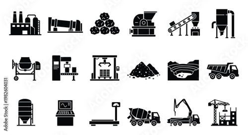 Collection of industrial processing and construction machinery icons illustrating manufacturing stages, mining operations, and heavy equipment applications in engineering and development