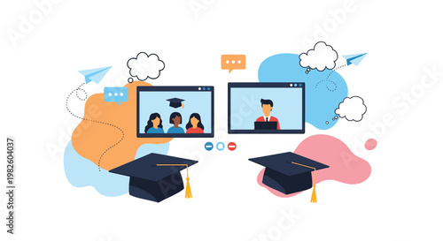 Online graduation ceremony featuring students on computer screens and academic mortarboards for remote education.