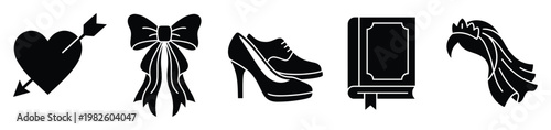 Elegant silhouette icons with heart arrow, decorative bow, high heel shoes, oxford shoes, classic book, flowing fabric, perfect for love, education, celebration themed designs.
