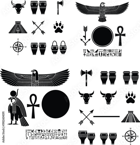 Black silhouette ancient civilization icons with Egyptian ankh, pyramids, winged sun disk, Norse symbols, bulls, arrows, paw prints, and cultural illustration