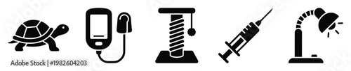 Essential black silhouette icons of a turtle, a blood glucose meter, a cat scratching post, a medical syringe, and a desk lamp for various educational, health, and general graphic design
