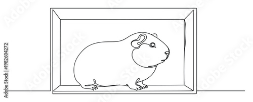 A charming single continuous line drawing of a guinea pig sitting peacefully inside a simple rectangular box, perfect for animal themed branding, educational pet care resources, or