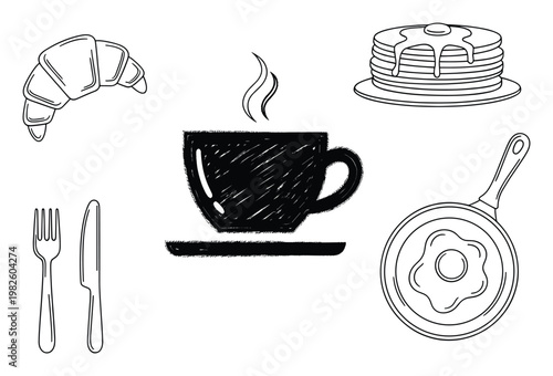 Hand drawn style breakfast collection with croissant pastry, sweet pancakes, savory fried egg, warm coffee beverage, and dining utensils for food related projects and culinary graphics