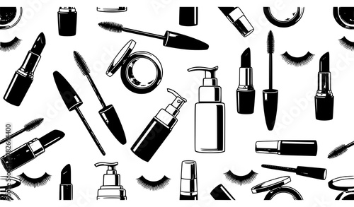 A black and white vector illustration of various makeup products and tools