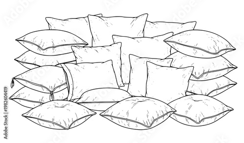 A minimalist line art illustration of a pile of cushions and pillows