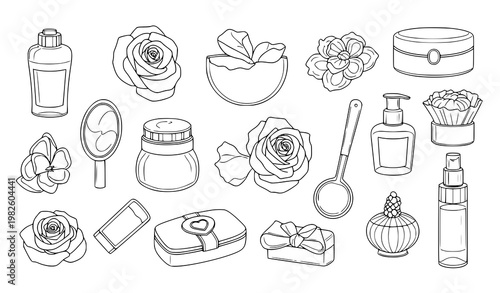 A set of black and white line art illustrations of various beauty and skincare products