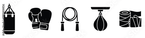 Boxing workout equipment glyph icons for fitness applications training programs martial arts gym websites and sports health and athletic publications