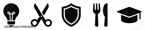 Black glyph icon set featuring lightbulb, scissors, shield, fork and knife, graduation cap, symbolizing innovation, utility, protection, sustenance, learning for digital and print media.