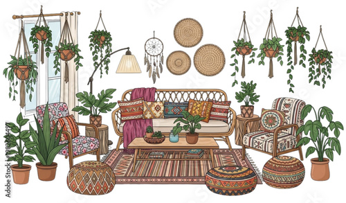 Vector Set of Bohemian Living Room Interior with Plants, Woven Furniture, and Dreamcatchers for Home Decor and Lifestyle Designs
