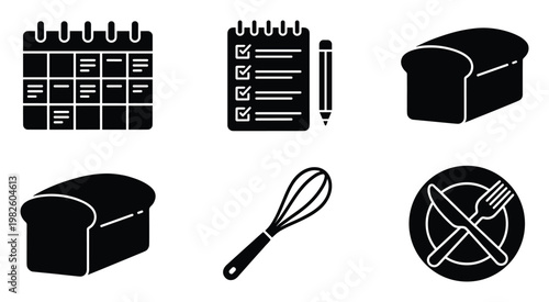 Essential kitchen and food related glyph icons, including calendar, checklist, bread, whisk, and cutlery, perfect for food blogs, cooking apps, and meal planning websites.