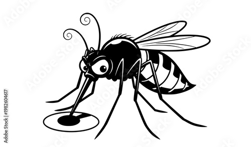 A black and white illustration of a mosquito drinking from a puddle