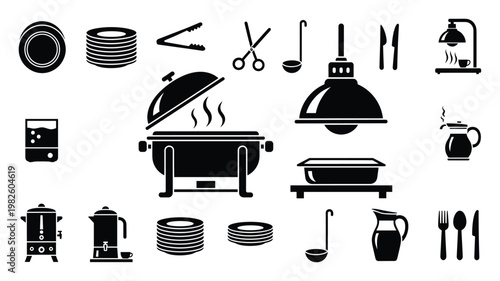 Comprehensive collection of buffet and catering kitchen equipment icons perfect for menu layouts event planning guides food service presentations and hospitality industry graphics
