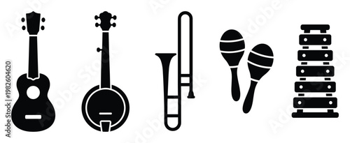Black silhouette musical instruments collection featuring various string, brass, and percussion instruments like ukulele, banjo, trombone, maracas, and xylophone for musicthemed projects
