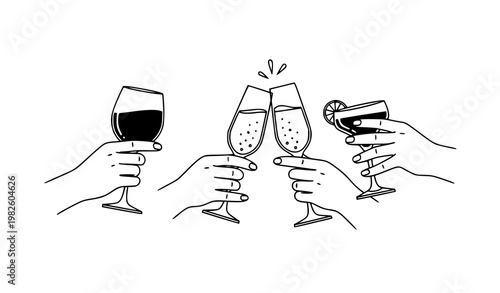 A minimalist vector illustration of hands clinking wine glasses together in celebration