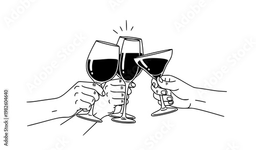A minimalist line art illustration of four hands clinking wine glasses together