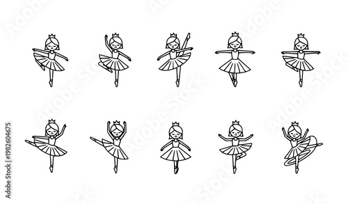 A set of black and white vector illustrations of ballerinas in various poses