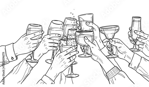 A vector illustration of hands clinking glasses together in a toast