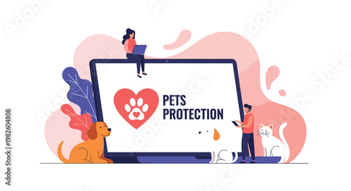 Pet protection and animal welfare services illustrated with diverse people caring for dogs and cats through a digital platform.
