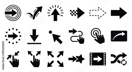 Versatile collection of arrow and hand gesture icons providing intuitive visual cues for navigation user interface and digital interaction concepts
