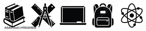 Black and white education icons depicting essential school supplies like books, drafting tools, chalkboard, backpack, and atom symbol for academic resources.